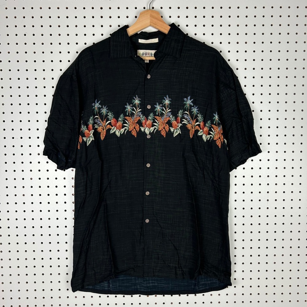Campia Moda Medium Black Rayon Tropical Pineapple Palm Tree Y2K Shirt Tropical